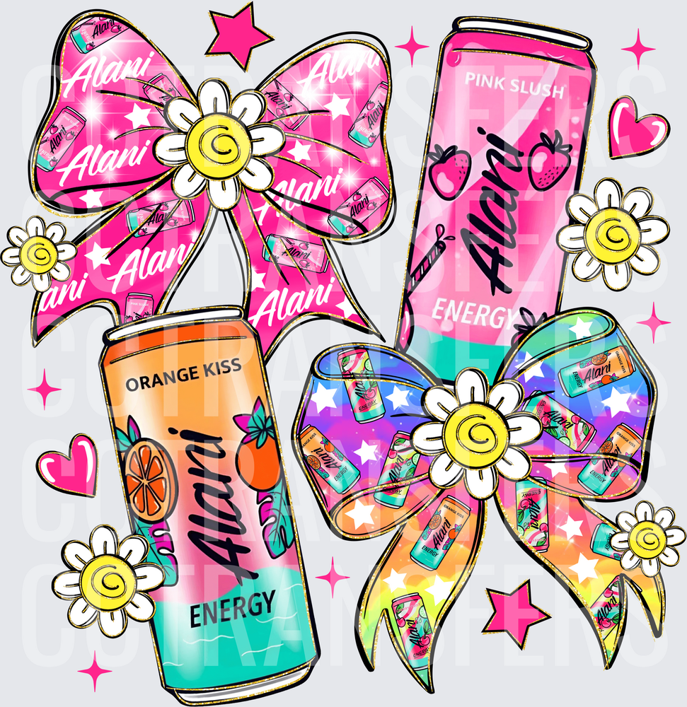 Pink Slush & Orange Kiss Energy Cans with Bows & Daisies (DTF)