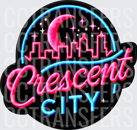 Crescent City Neon Skyline Crescent Moon Badge (DTF)