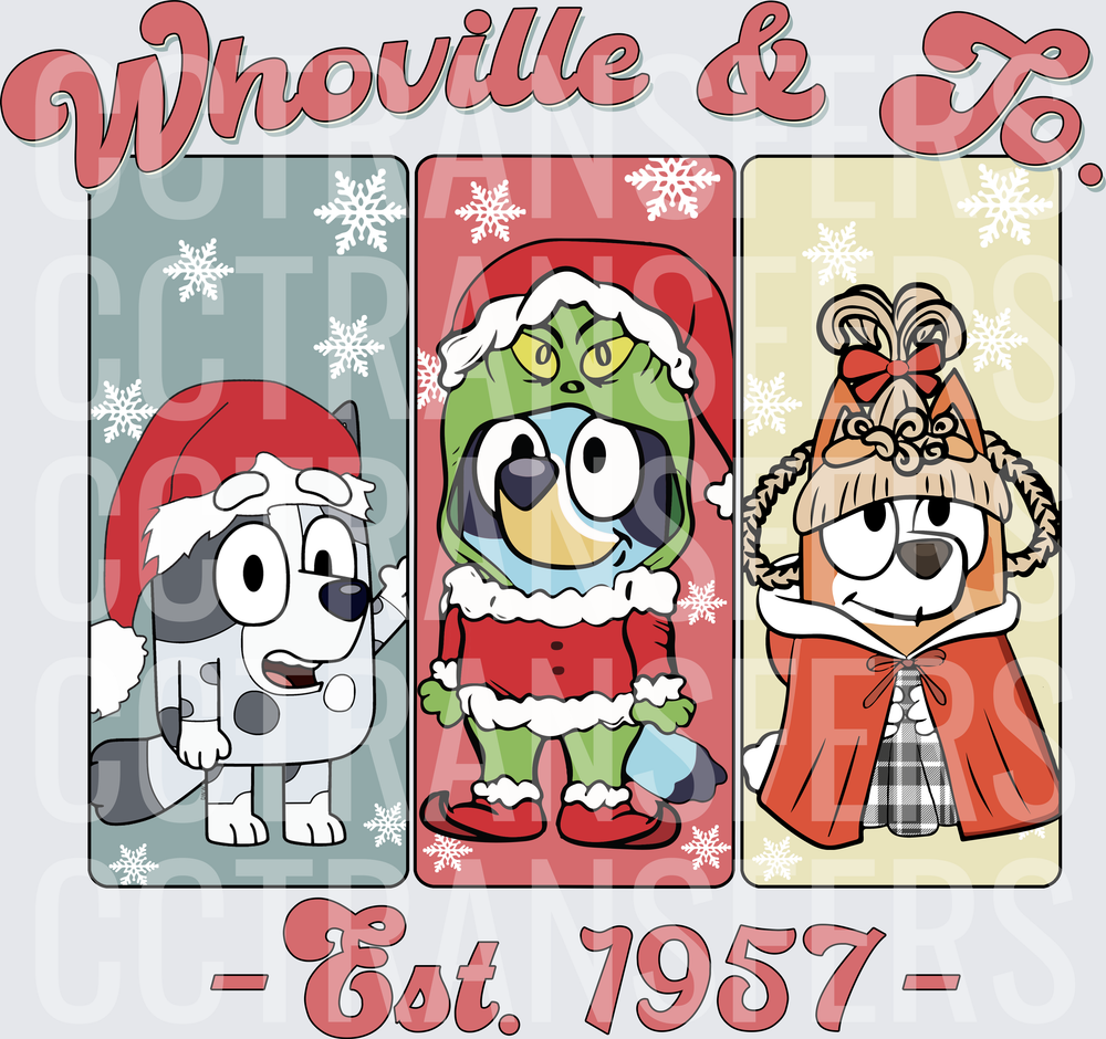 Whoville & Co Est 1957 Holiday Cartoon Dogs Christmas (DTF)