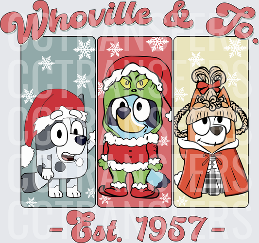 Whoville & Co Est 1957 Holiday Cartoon Dogs Christmas (DTF)