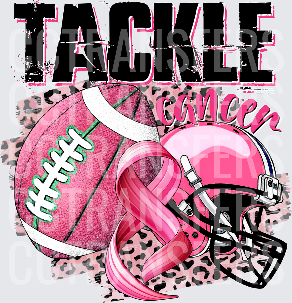 Tackle Cancer Pink Football Helmet Leopard Ribbon (DTF)