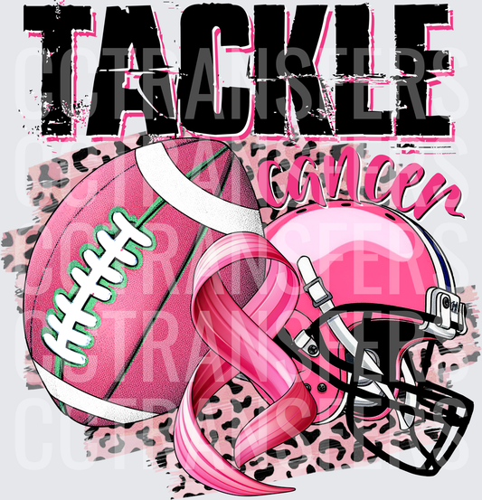 Tackle Cancer Pink Football Helmet Leopard Ribbon (DTF)