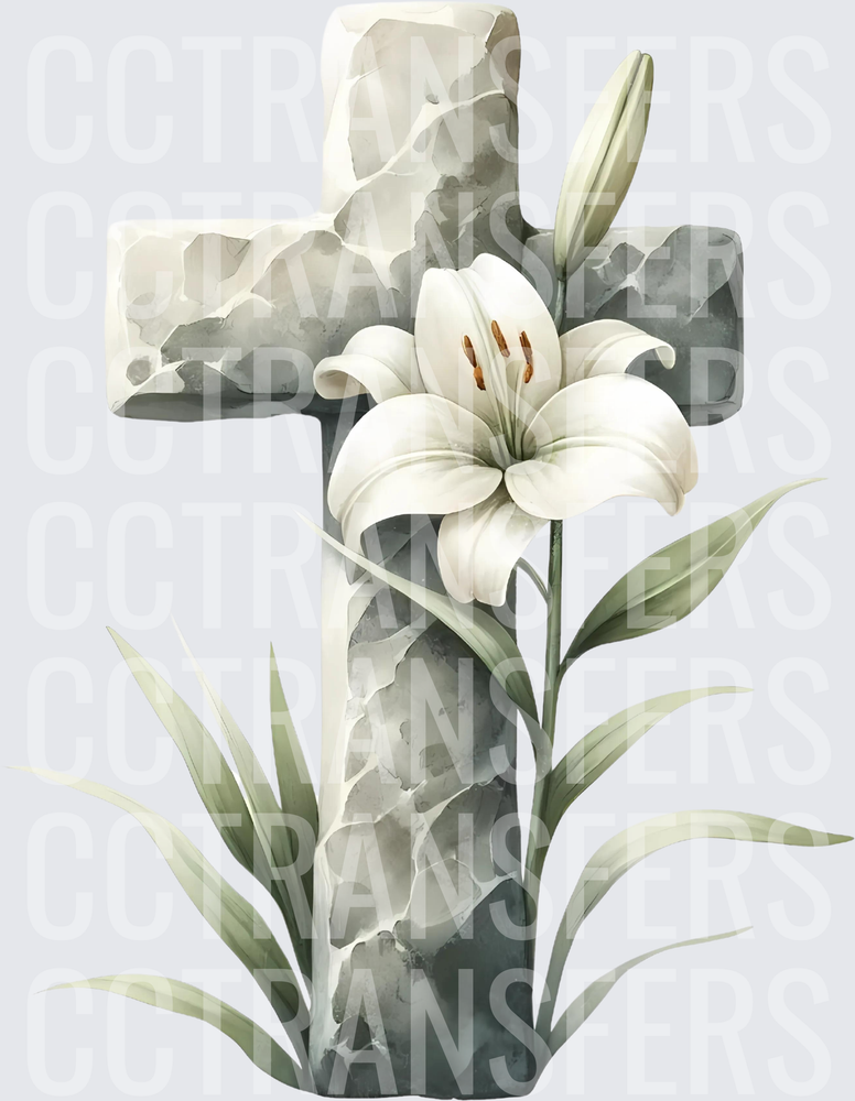 Watercolor Stone Cross with White Easter Lily (DTF)