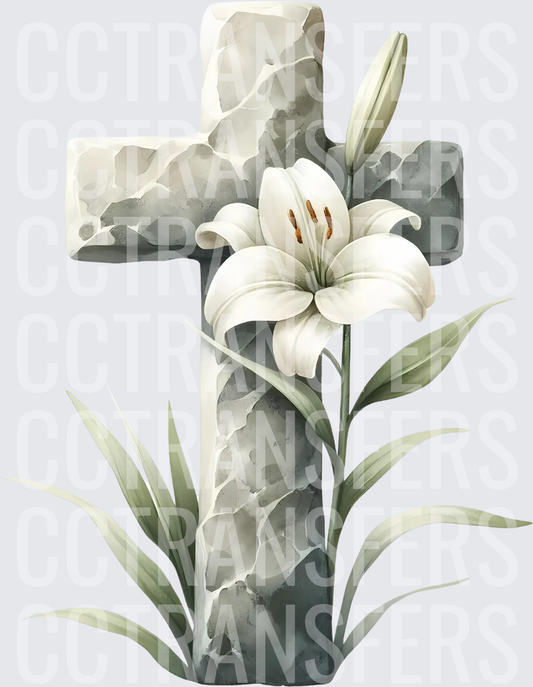 Watercolor Stone Cross with White Easter Lily (DTF)