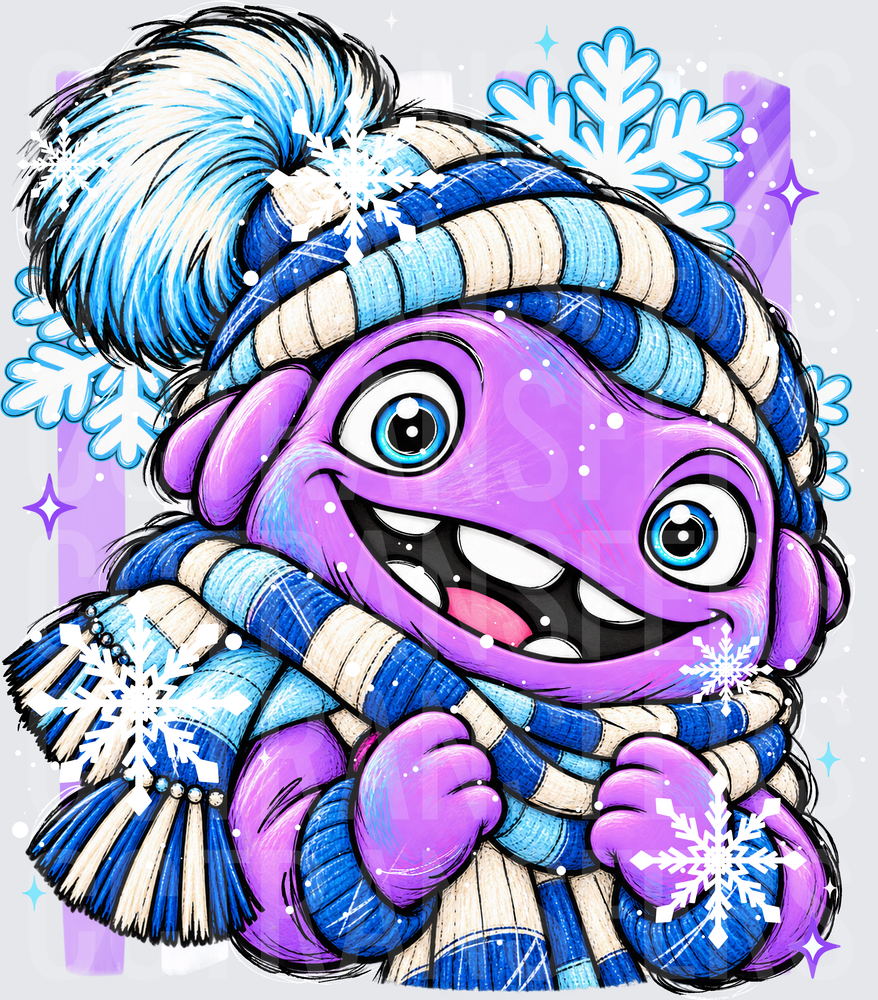 Cute Purple Monster Winter Beanie Scarf Snowflakes (DTF)