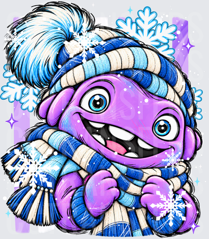 Cute Purple Monster Winter Beanie Scarf Snowflakes (DTF)