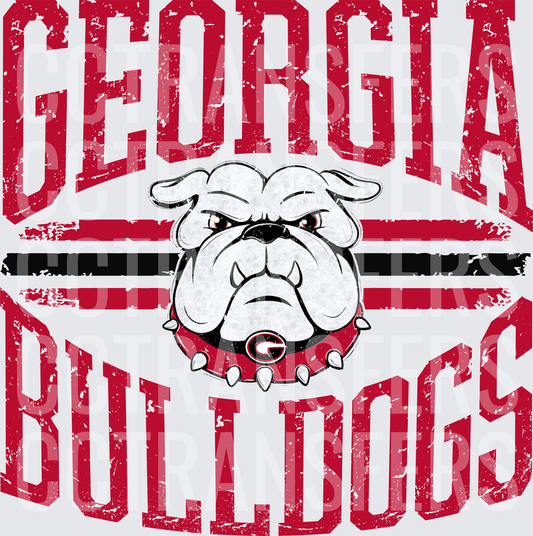 Distressed Bulldogs Mascot Arched Varsity Text Red Black (DTF)
