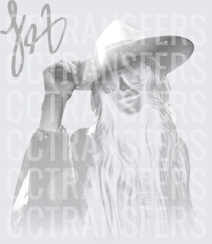 Boho Woman Wide Brim Hat Long Hair Grayscale Script (DTF)