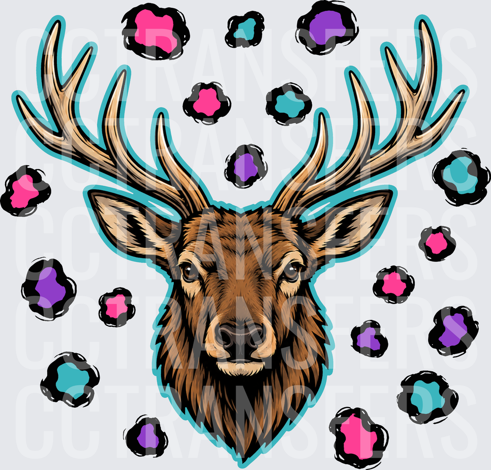 Detailed Buck Head with Colorful Splatter Spots (DTF)