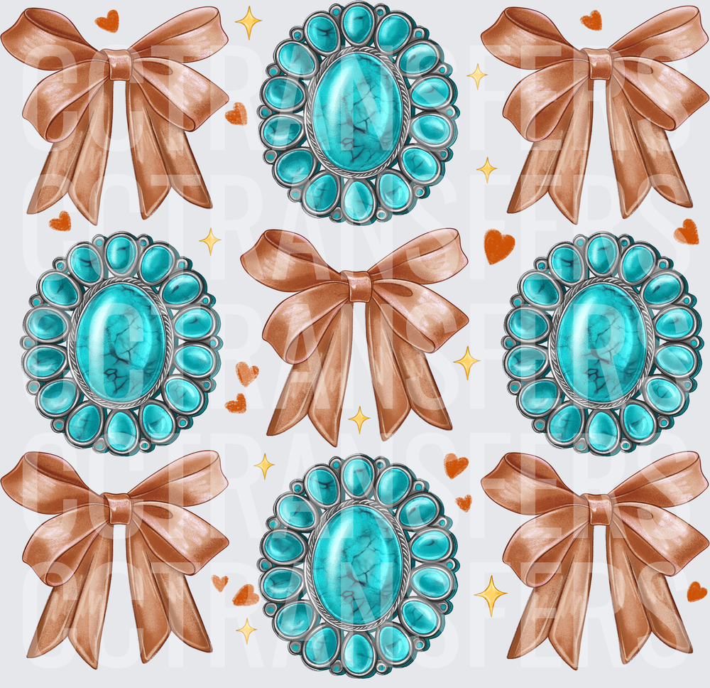 Western Turquoise Stone Concho Bows Hearts Sparkle Pattern (DTF)