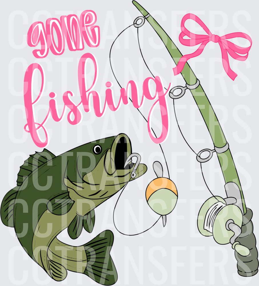 Gone Fishing Bass Fish Rod Pink Bow Script Design (DTF)