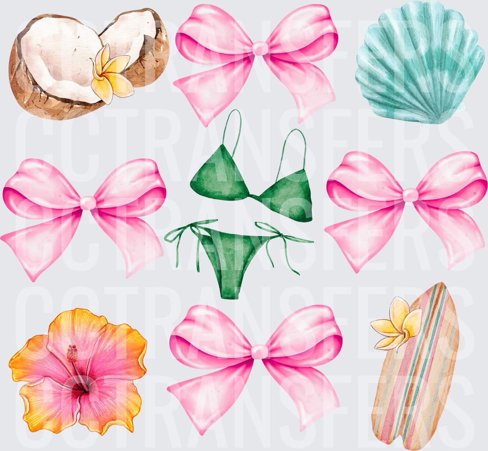 Watercolor Beach Summer Bundle Pink Bows Bikini Coconut (DTF)