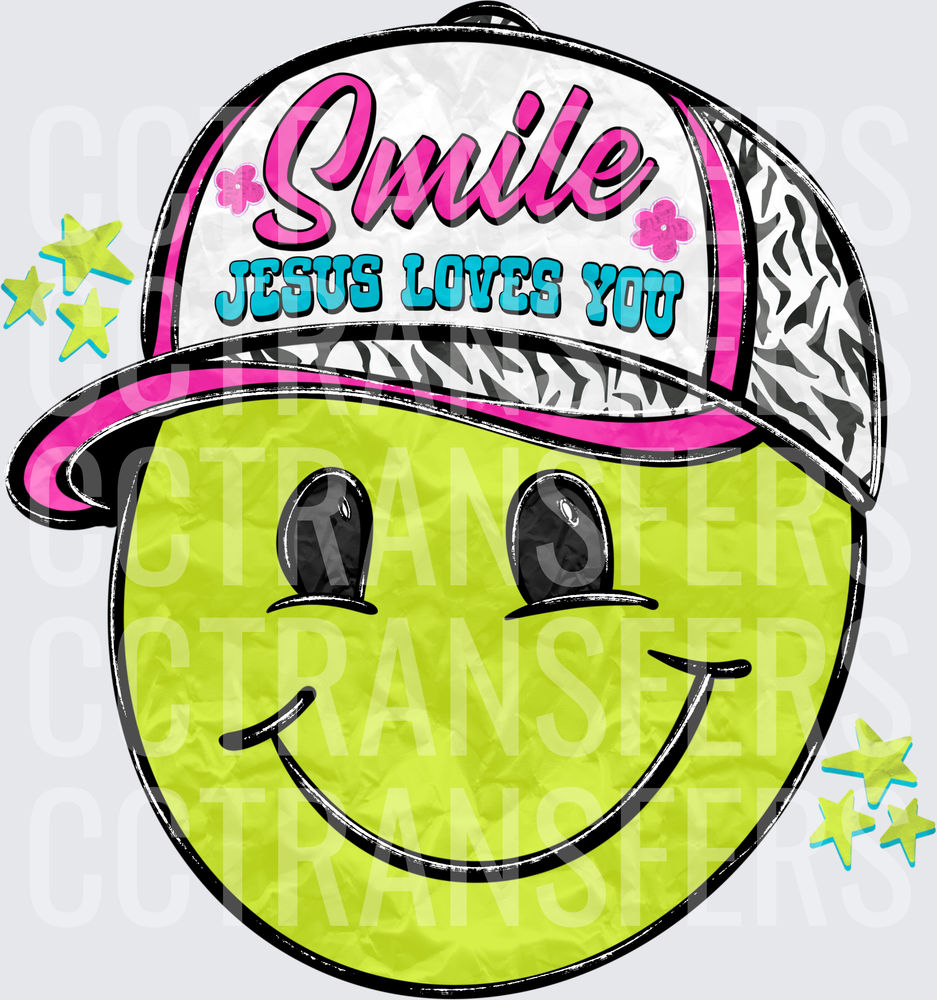 Smile Jesus Loves You Smiley Face Zebra Pink Hat (DTF)