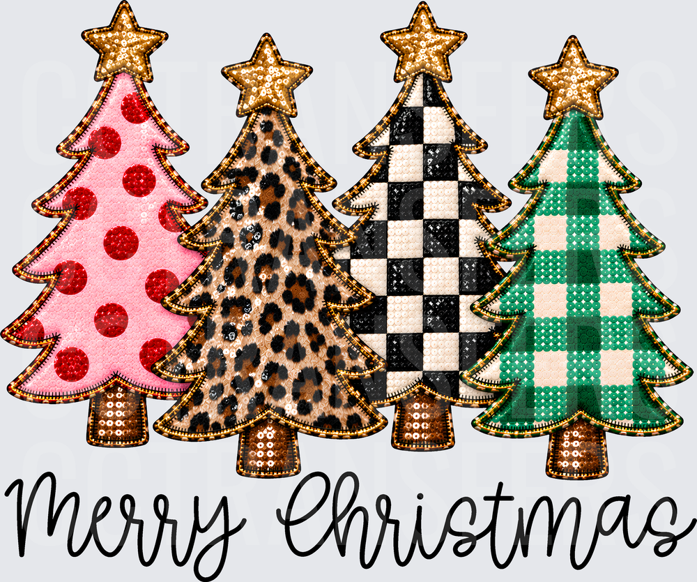 Merry Christmas Four Patterned Trees Pink Leopard Plaid (DTF)