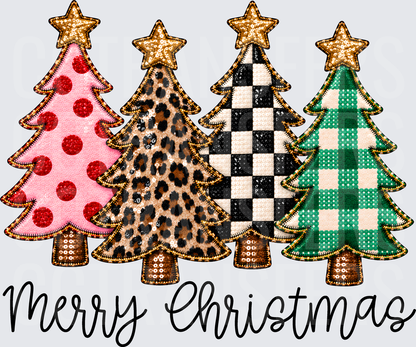 Merry Christmas Four Patterned Trees Pink Leopard Plaid (DTF)