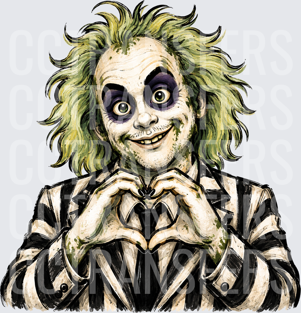 Creepy Ghost Man Heart Hands Striped Suit Wild Hair (DTF)