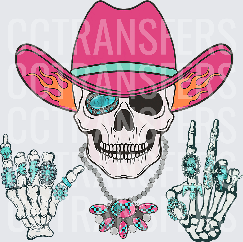 Western Cowgirl Skull Pink Flaming Hat Turquoise Jewelry (DTF)