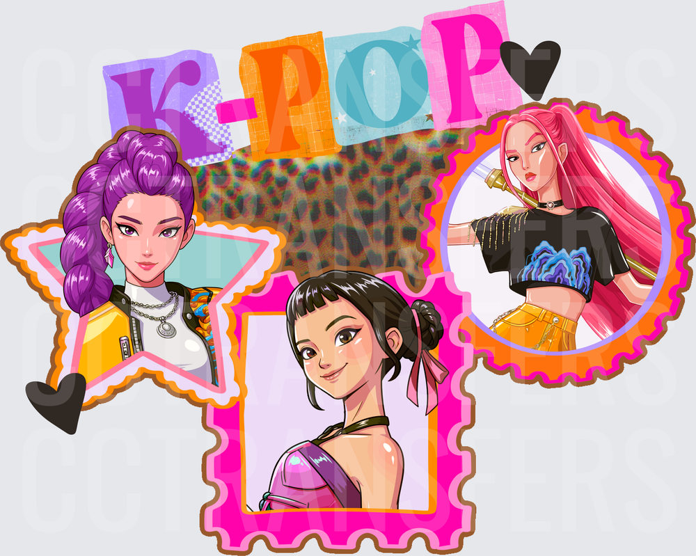 K-Pop Anime Girl Trio Colorful Fan Art (DTF)