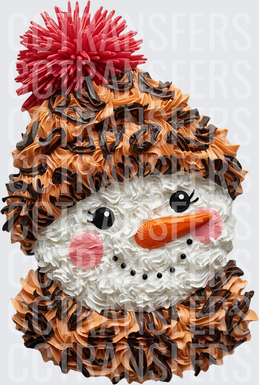 Snowman Face Cake Frosting Red Pom Pom Hat Winter (DTF)