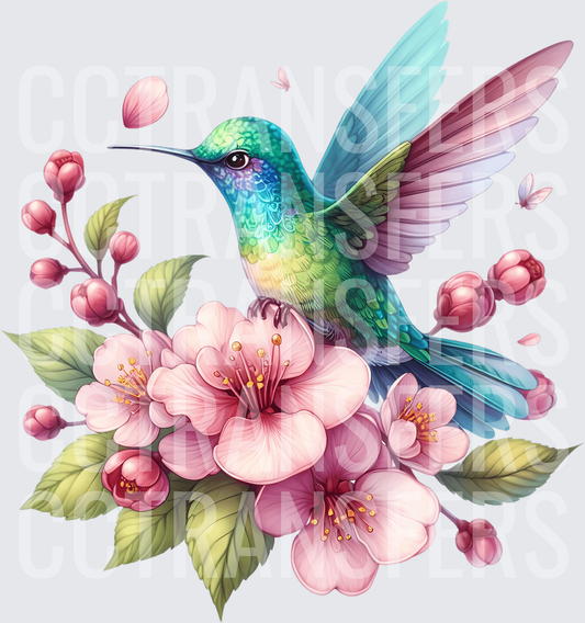 Iridescent Hummingbird Perched on Pink Cherry Blossoms (DTF)