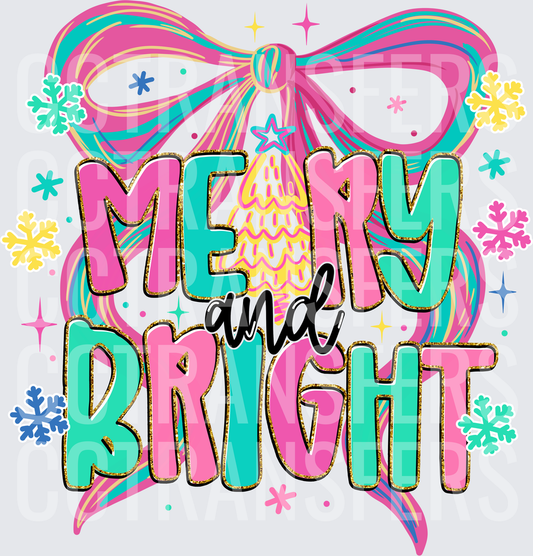 Merry and Bright Bow Snowflake Christmas Holiday (DTF)