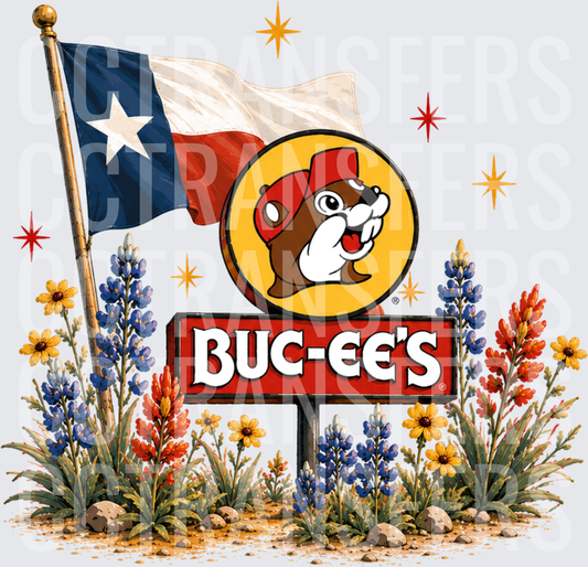 Texas Flag Beaver Sign Wildflowers Bluebonnets (DTF)