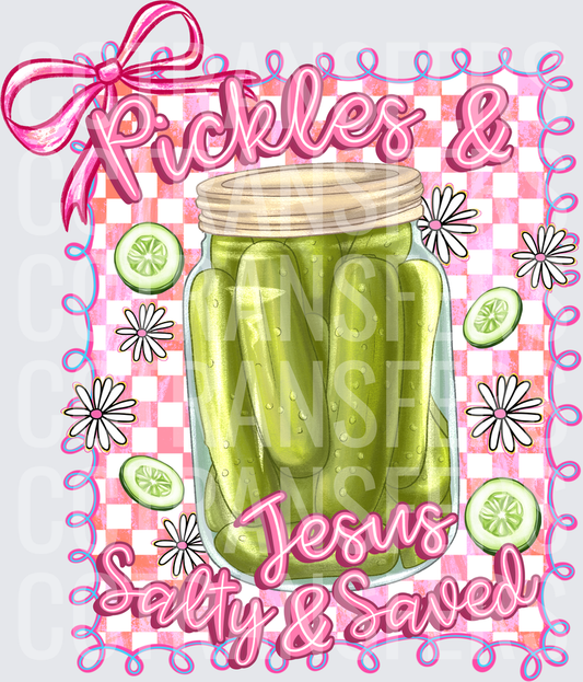 Pickles & Jesus Salty & Saved Mason Jar Pink Checkered (DTF)