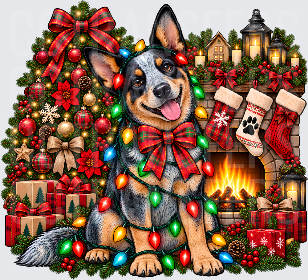 Blue Heeler Dog Wrapped in Christmas Lights by Fireplace (DTF)