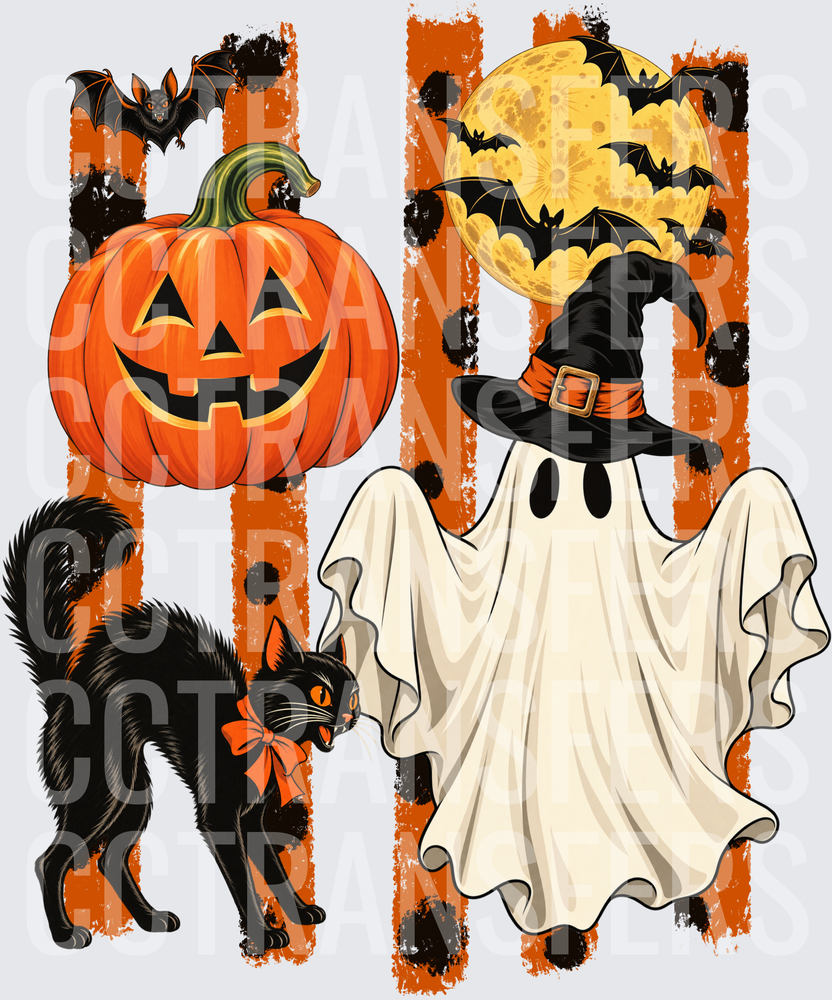 Halloween Ghost Witch Hat Black Cat Pumpkin Bats Moon (DTF)