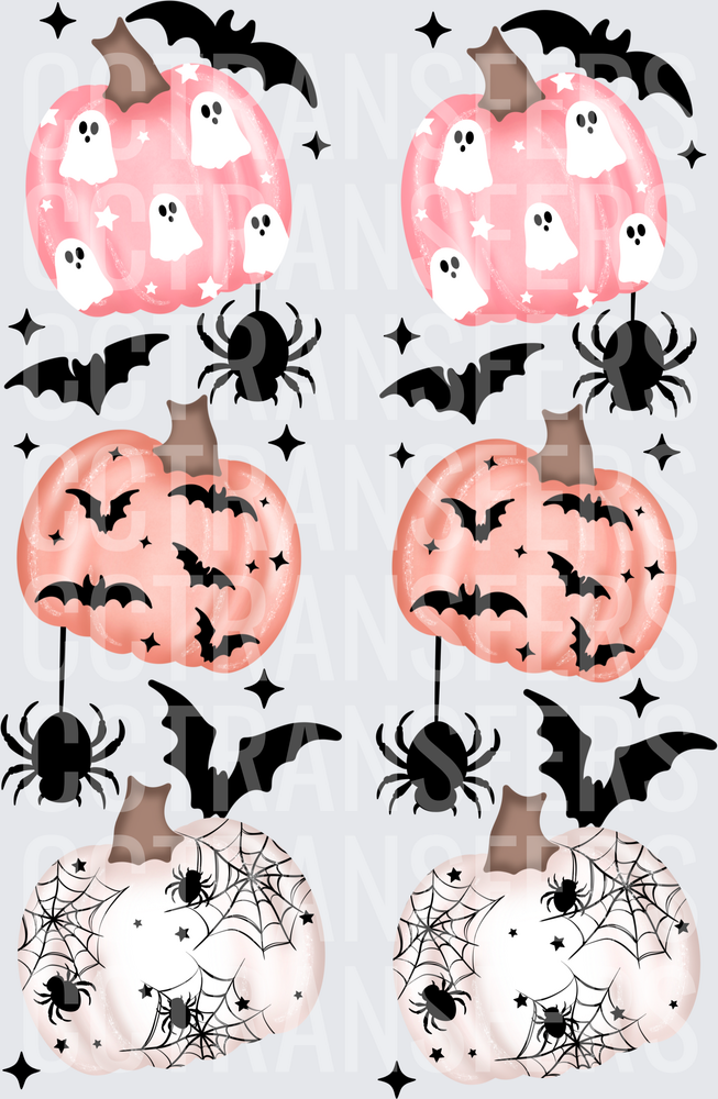 Stacked Pink Pumpkins Ghosts Bats Spiders Web Halloween (DTF)