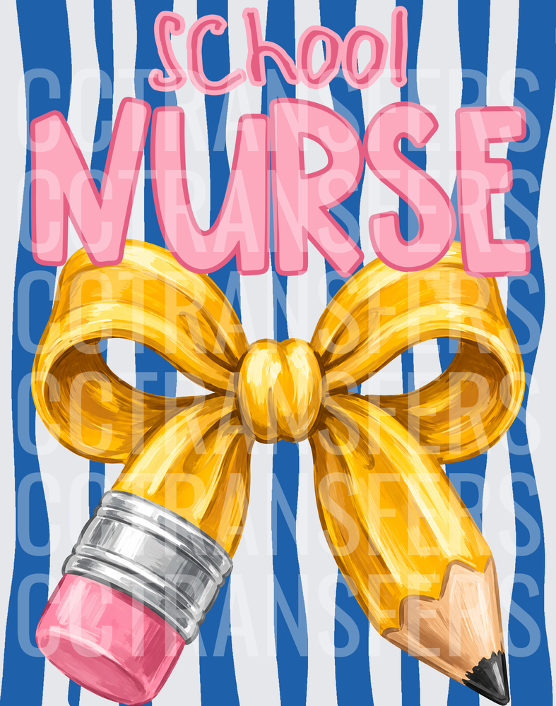 School Nurse Pencil Gold Bow Blue Stripe (DTF)