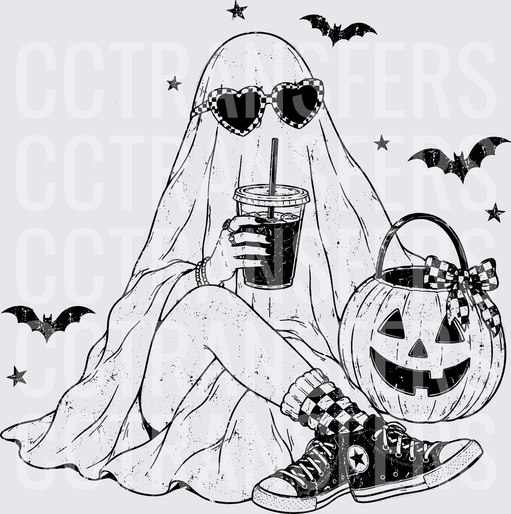 Sitting Ghost Heart Sunglasses Iced Coffee Halloween (DTF)