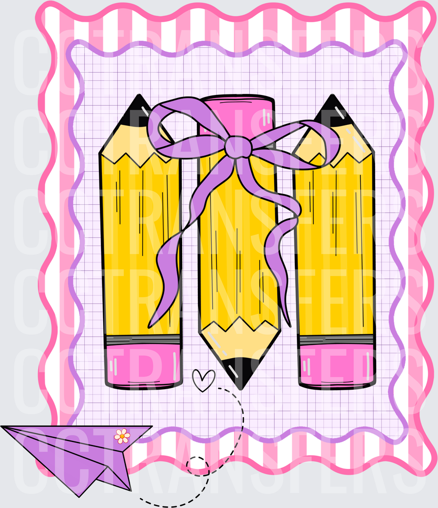 Cute Pencil Trio Purple Bow Grid Frame Paper Plane (DTF)