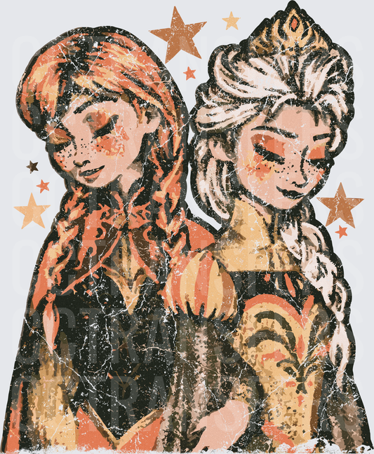Vintage Sisters Princess Duo Warm Tones Stars (DTF)