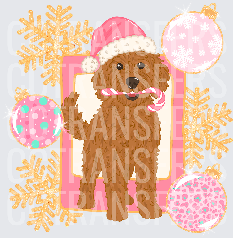 Fluffy Goldendoodle Santa Hat Candy Cane Christmas (DTF)