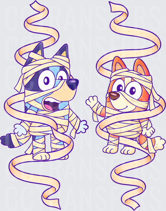 Cartoon Puppy Sisters Wrapped in Mummy Bandages Halloween (DTF)