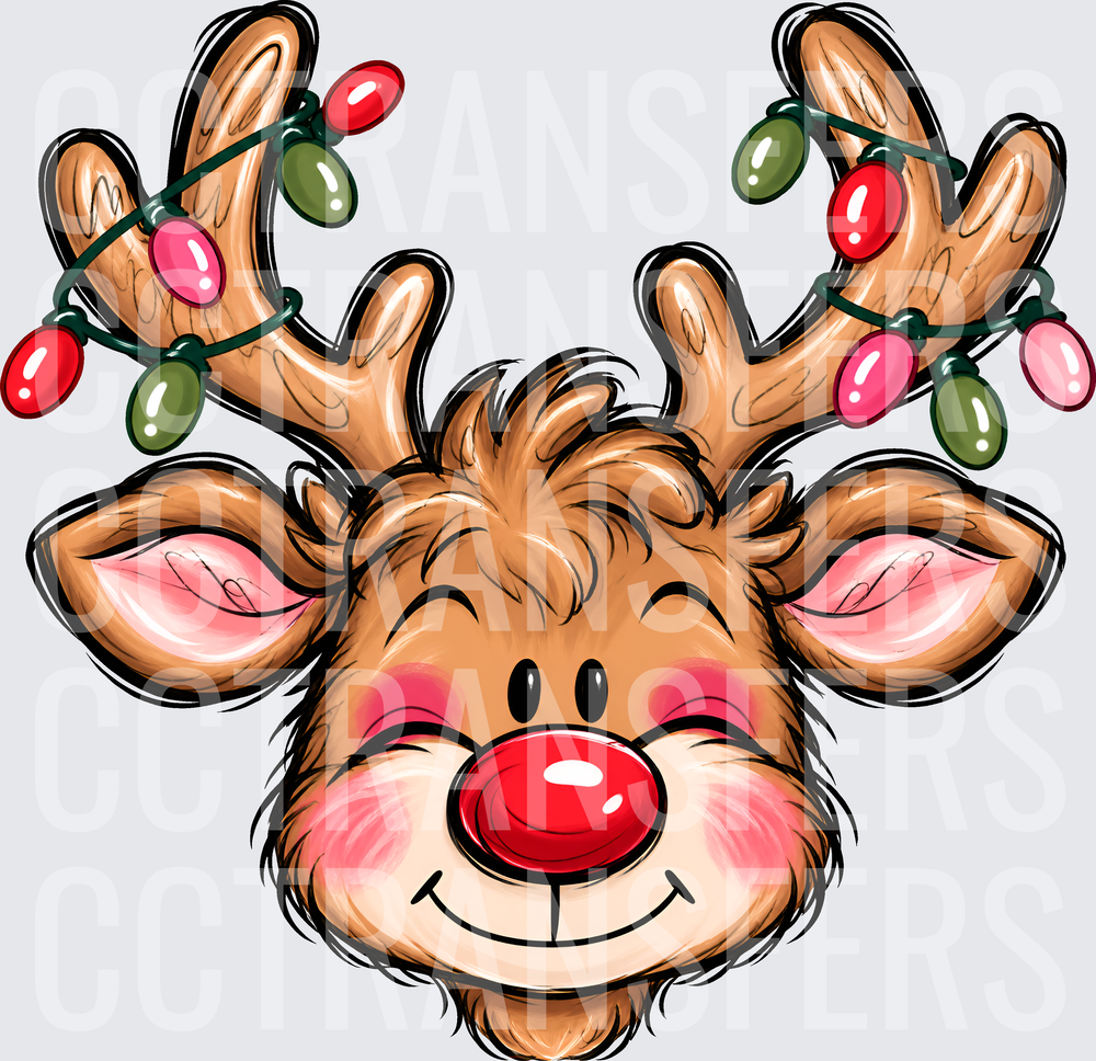 Smiling Red-Nosed Reindeer with Christmas Lights on Antlers (DTF)