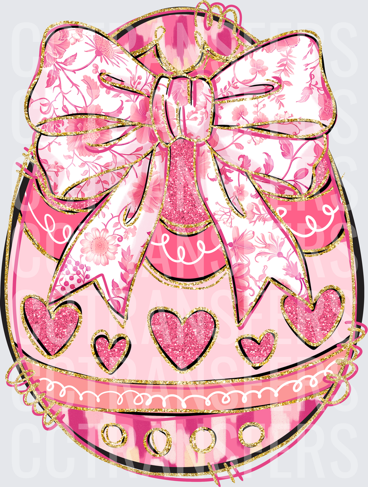 Pink Glitter Easter Egg Floral Bow Gold Hearts (DTF)