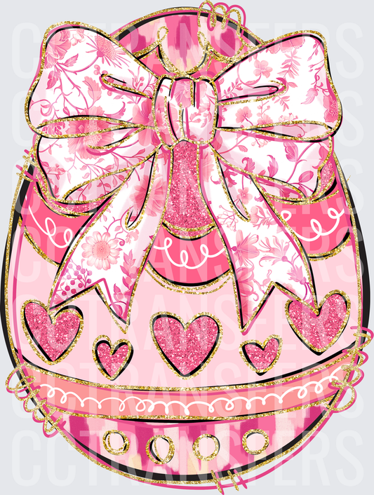 Pink Glitter Easter Egg Floral Bow Gold Hearts (DTF)