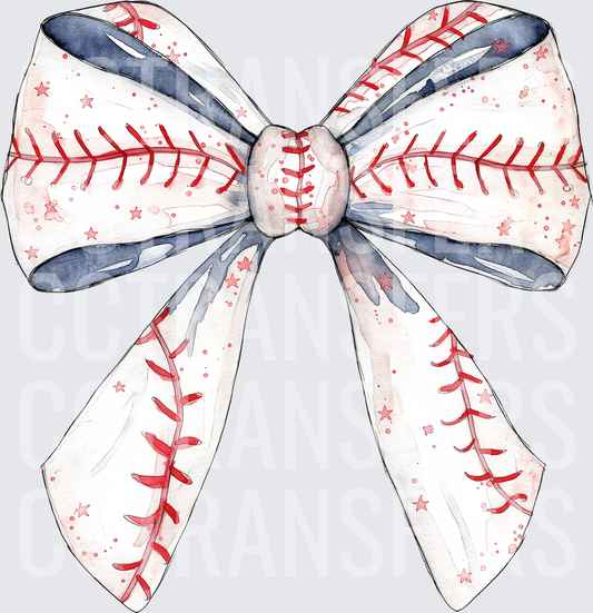 Watercolor Baseball Stitch Bow with Stars (DTF)