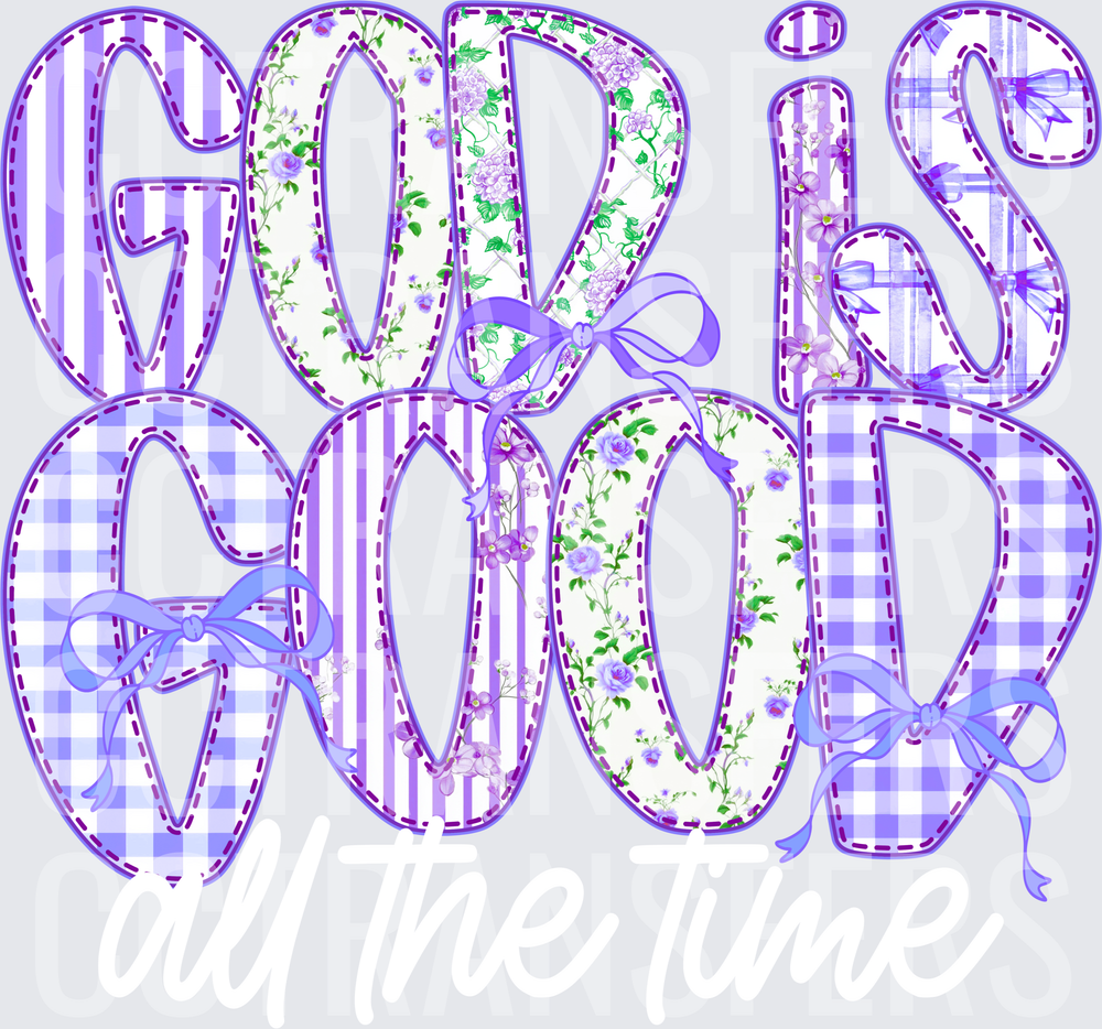 God Is Good Purple Floral Patchwork Bow Letters (DTF)