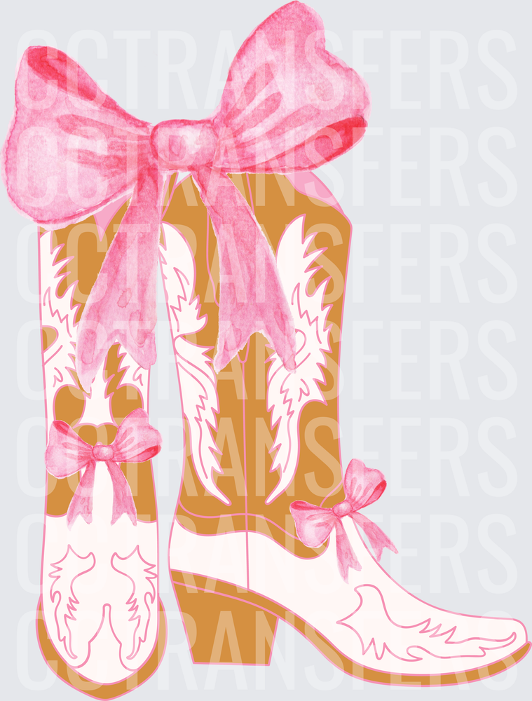 Watercolor Cowboy Boots with Pink Bows (DTF)