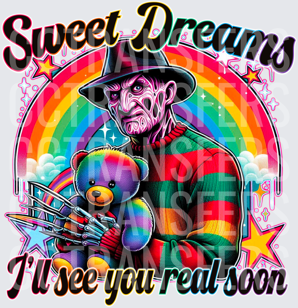Sweet Dreams Freddy Krueger Rainbow Teddy Bear DTF