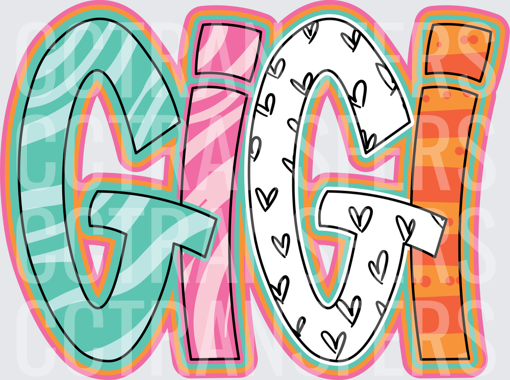 Colorful Patterned GiGi Bold Bubble Letter Design (DTF)