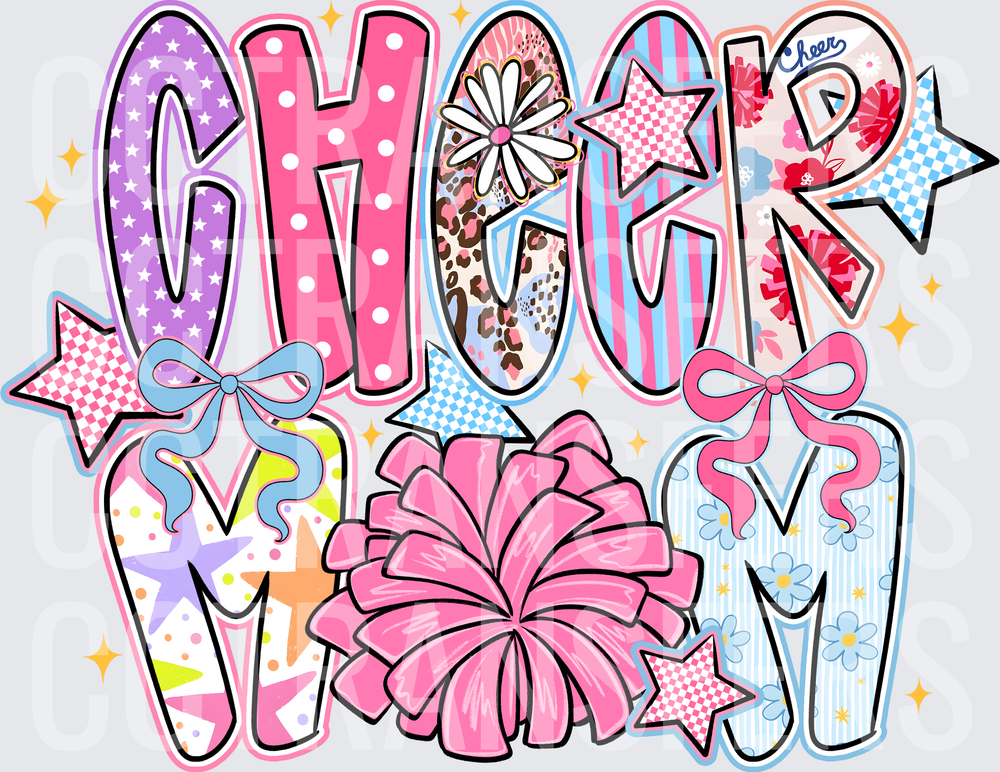 Cheer Mom Pom Pom Bow Stars Patchwork Letters (DTF)