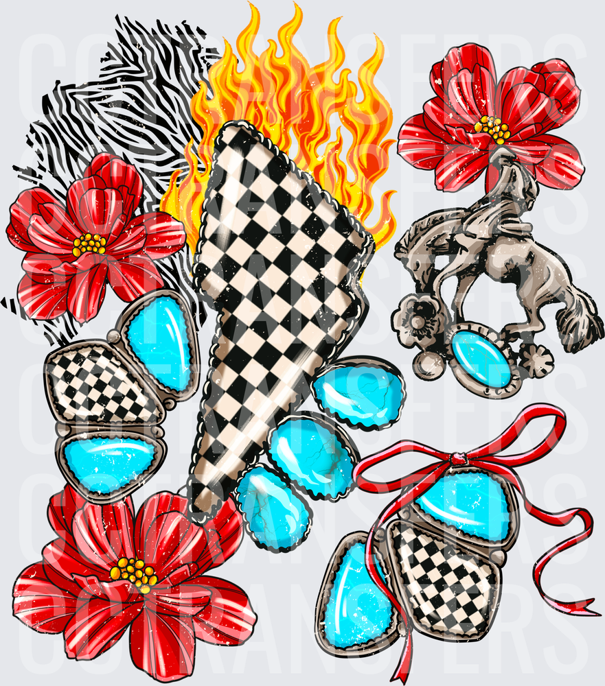 Western Checkered Flaming Dagger Turquoise Jewelry Floral (DTF)