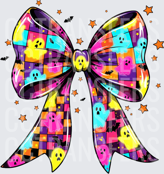 Neon Checker Halloween Ghost Bow with Bats and Stars (DTF)