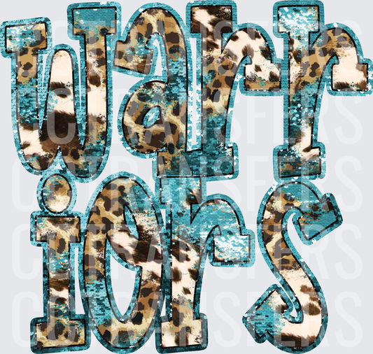 Warriors Teal Sequin Leopard Print Bold Lettering (DTF)
