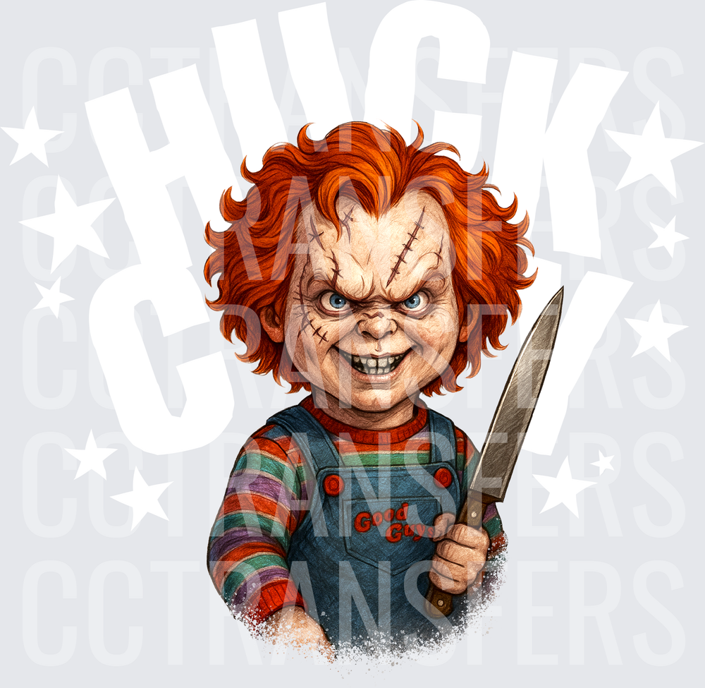 Scarred Evil Doll Good Guys Overalls Holding Knife (DTF)