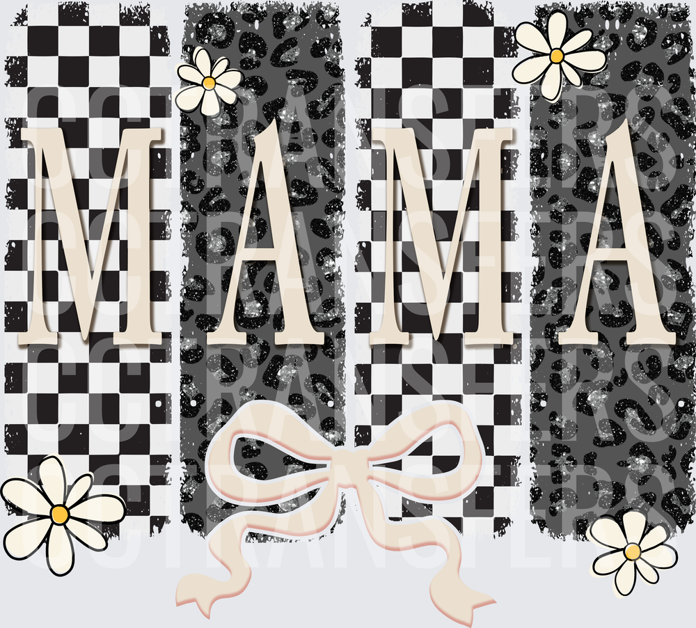 Mama Checkered Leopard Daisy Bow Retro Block Letters (DTF)